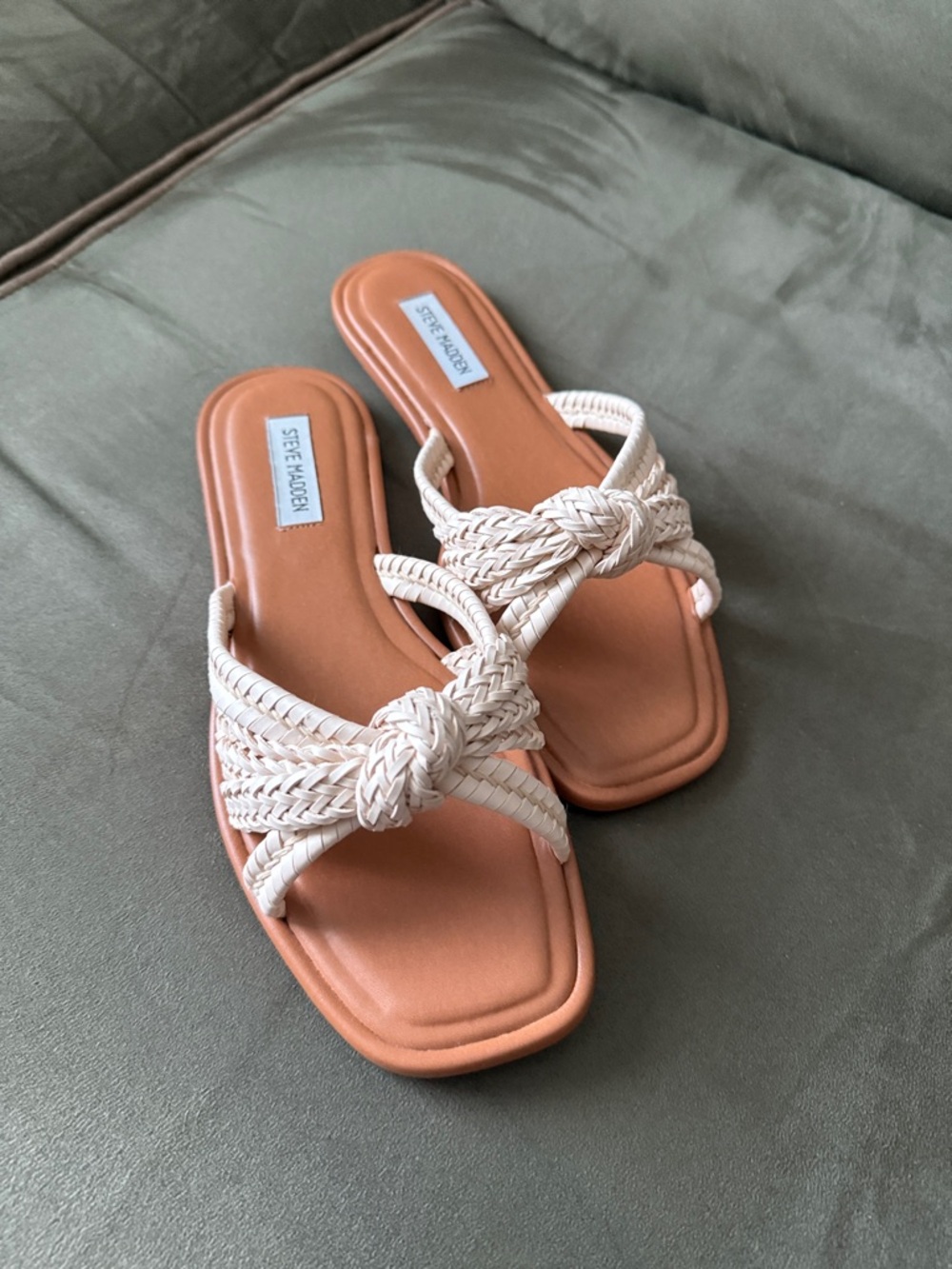 Steve Madden Braided Knot Slide Sandal in Cream with Tan Footbed